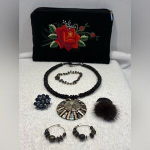 Dark Romance Jewelry & Accessory Lot (6 Pcs) | Black Velvet Rose Bag